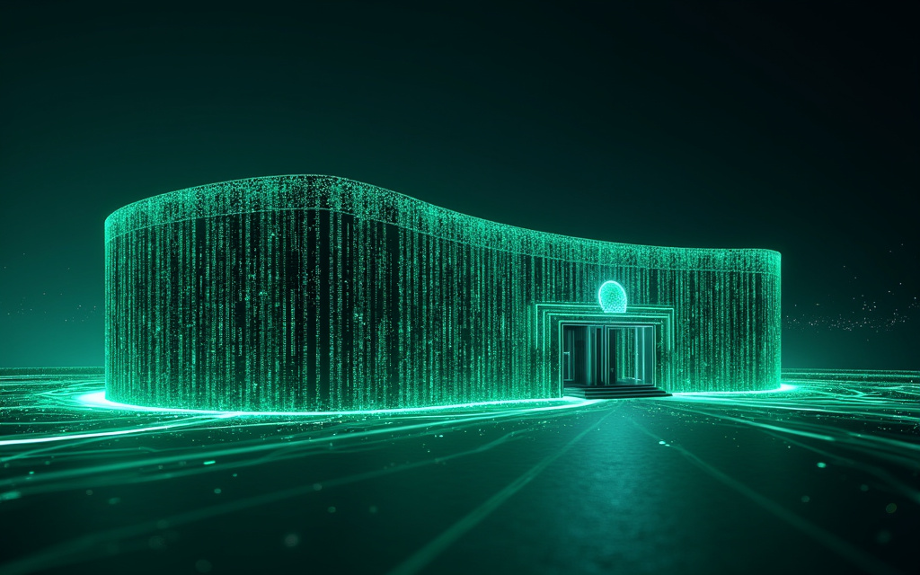 Edificio gubernamental español con flujos de datos digitales alrededor, concepto de protección de datos y cumplimiento RGPD en el sector público