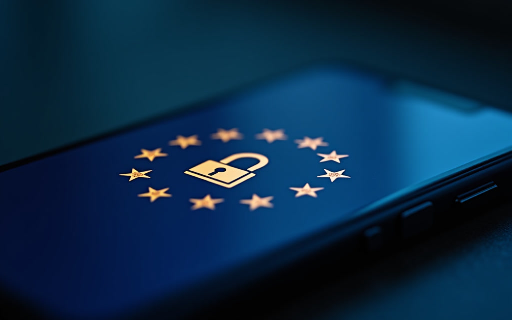 Chat control 1.0 Smartphone con estrellas de la Unión Europea y un candado abierto, simbolizando el debate sobre Chat Control y el cifrado en Europa