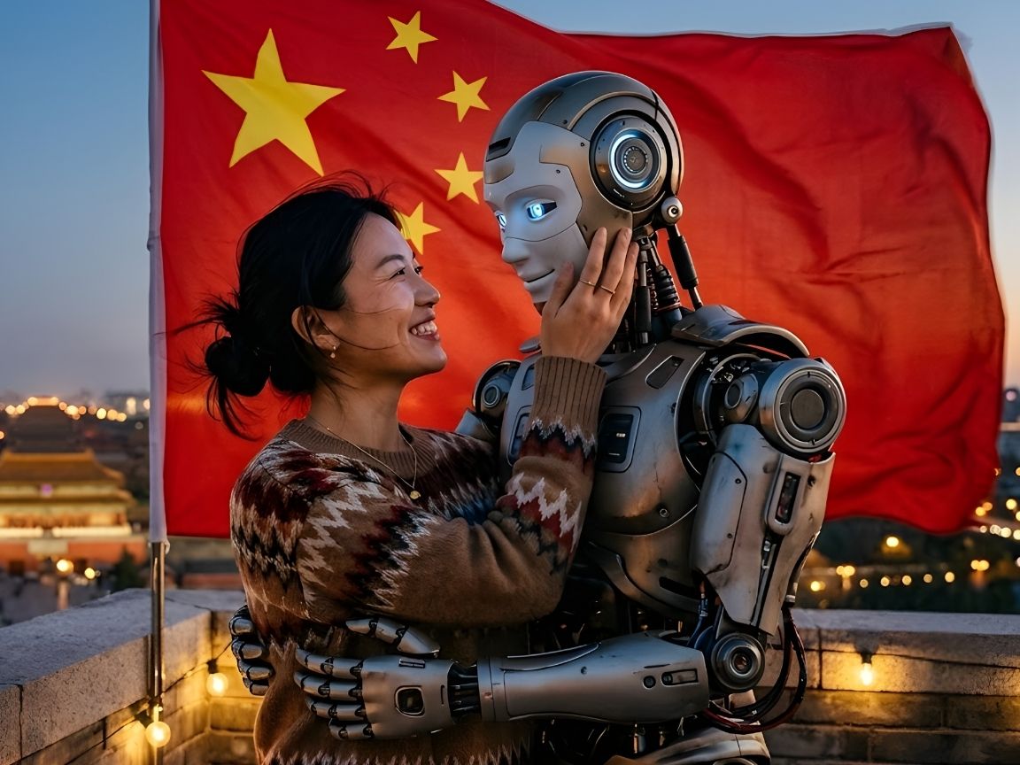 Robot y una chica mirándose, concepto de relación emocional entre humano e inteligencia artificial en China