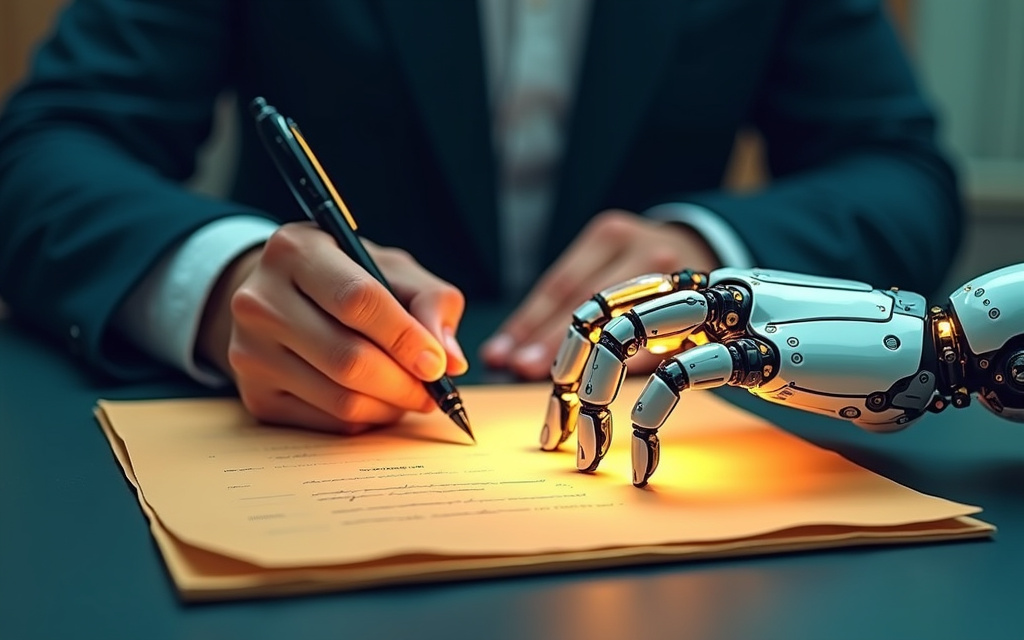 Mano humana escribiendo junto a una mano robótica, ilustración sobre cuándo declarar el uso de IA