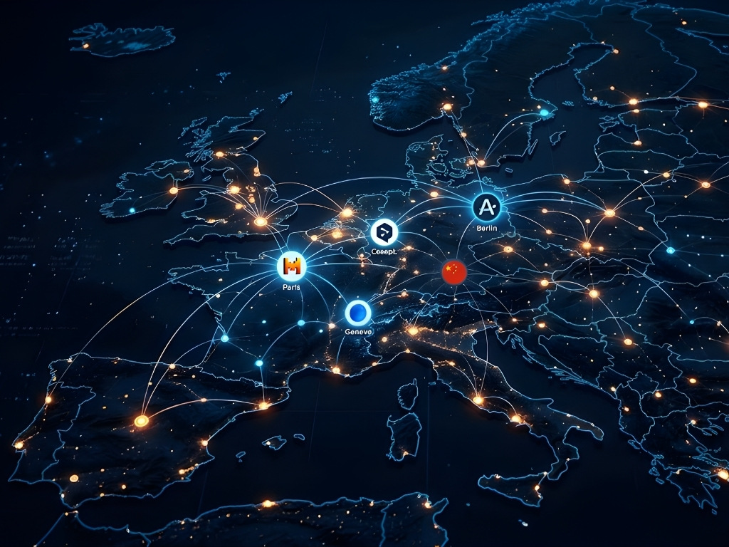 Mapa de Europa con banderas y logos de empresas de inteligencia artificial europeas