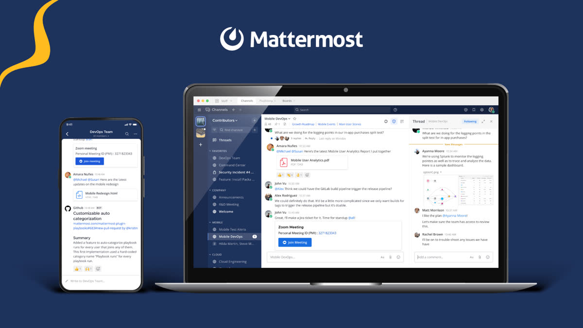 Interfaz de Mattermost en ordenador y movil, alternativa gratis a Slack para autonomos