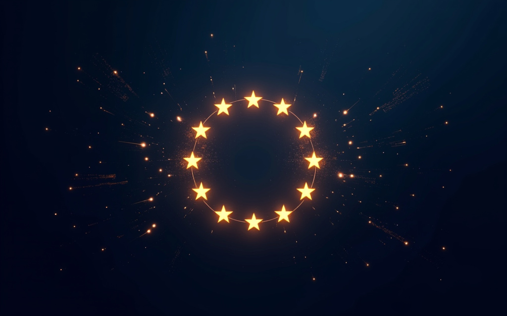 Doce estrellas doradas de la Unión Europea brillando sobre fondo azul oscuro, representando la alianza entre Microsoft y Mistral para la inteligencia artificial soberana en Europa