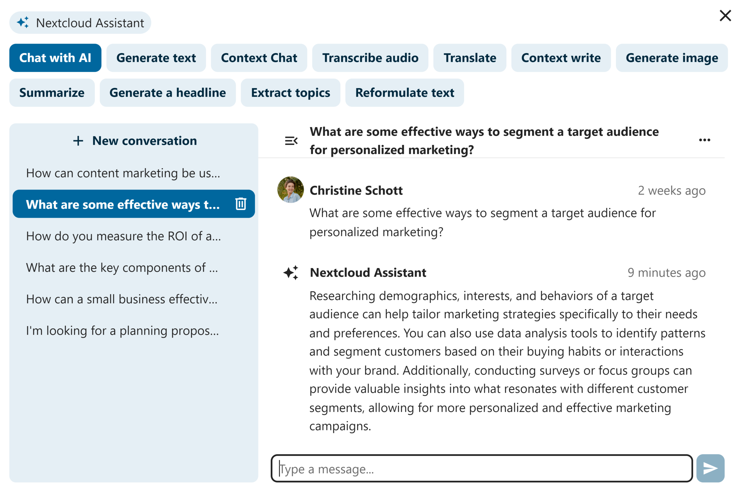 Interfaz del asistente de inteligencia artificial integrado en Nextcloud, mostrando chat de IA soberana
