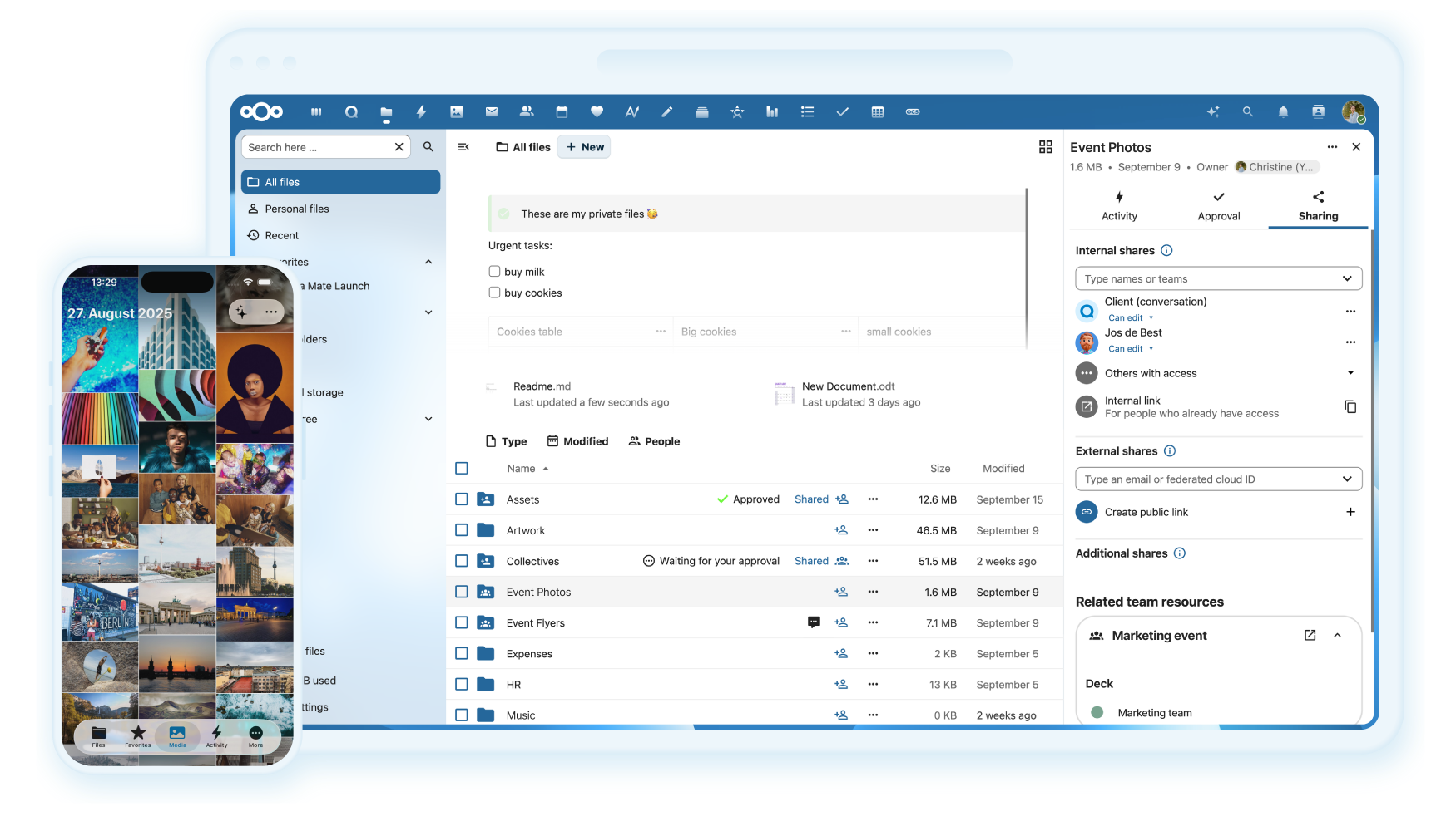 Interfaz principal de Nextcloud mostrando archivos y colaboracion