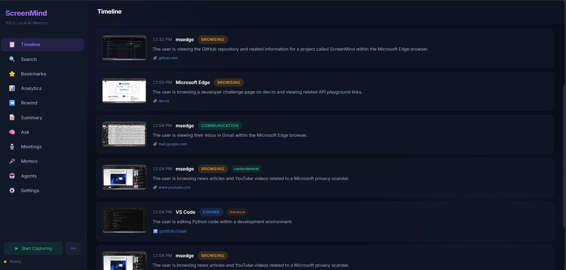Interfaz de ScreenMind mostrando la línea de tiempo con análisis de IA de la actividad de pantalla, usando Gemma 4 local