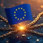 Ilustración conceptual de soberanía digital europea, bandera de la UE sobre un centro de datos, cadenas rompiéndose, independencia tecnológica de hiperescaladores estadounidenses