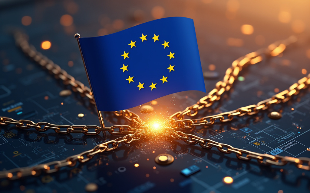 Ilustración conceptual de soberanía digital europea, bandera de la UE sobre un centro de datos, cadenas rompiéndose, independencia tecnológica de hiperescaladores estadounidenses