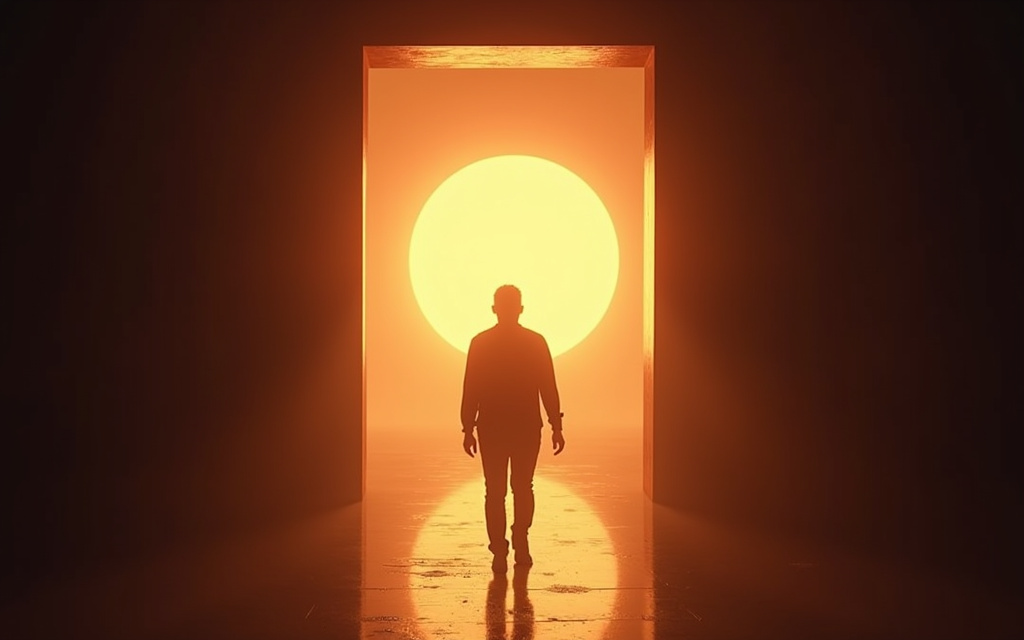 Silueta caminando hacia una puerta de luz cálida — el primer paso para dejar Google
