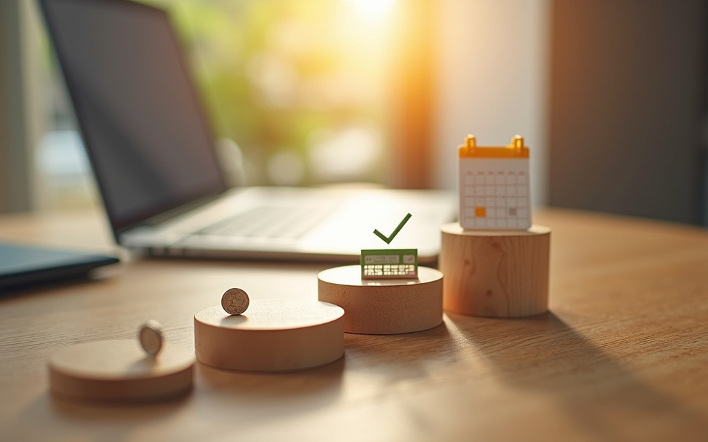 Tres escalones de madera con moneda, teclado con check y calendario en un escritorio con luz cálida — el orden correcto para digitalizar un negocio