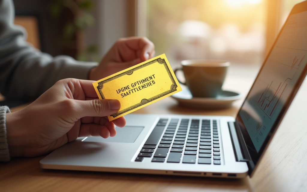 Mano sosteniendo una tarjeta dorada sobre un portátil con gráficos — el bono del Kit Digital para digitalizar el negocio