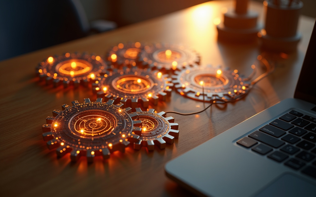 Engranajes metálicos con luces doradas junto a un portátil — agentes de IA que ejecutan tareas del negocio automáticamente