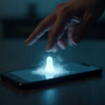 Móvil sobre una mesa de madera con un asistente digital fantasma desvaneciéndose en la pantalla, iluminación azul tenue