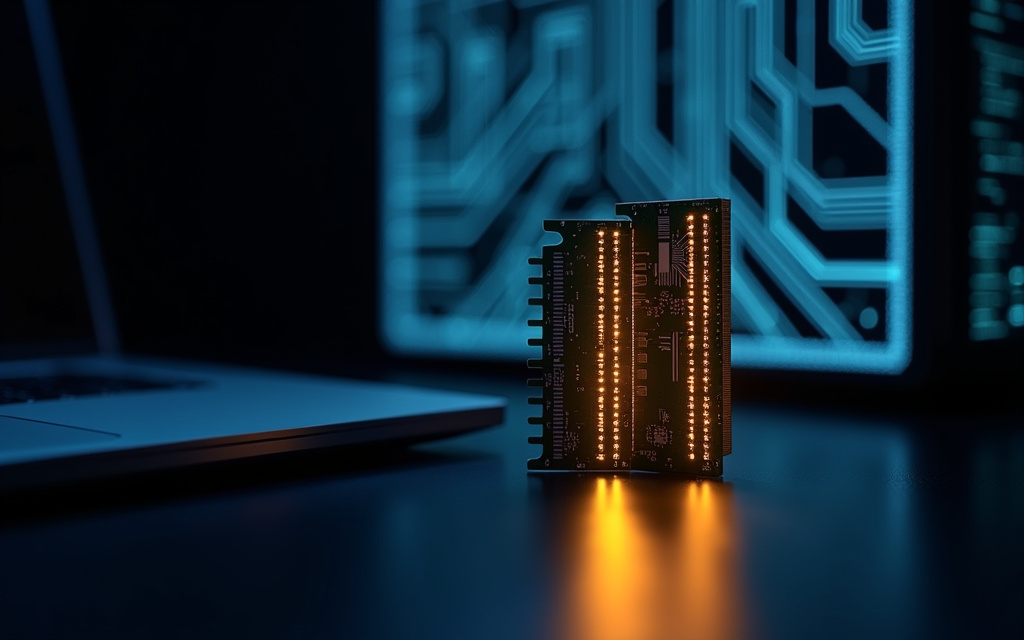 Módulos de memoria RAM iluminados frente a un portátil en la oscuridad, crisis de componentes por la IA