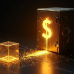 Caja fuerte con un símbolo de dólar derritiéndose frente a un cubo de luz, guerra de precios de la IA