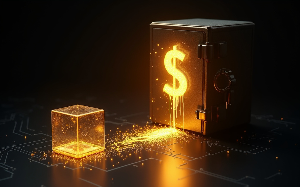 Caja fuerte con un símbolo de dólar derritiéndose frente a un cubo de luz, guerra de precios de la IA