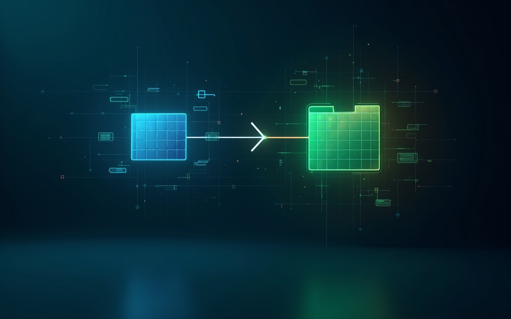 Ilustración de la migración de Excel a LibreOffice: cuadrícula azul que viaja mediante una flecha a una carpeta verde, en tonos oscuros
