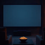 Sala de cine en casa con pantalla encendida, concepto de servidor de medios Jellyfin
