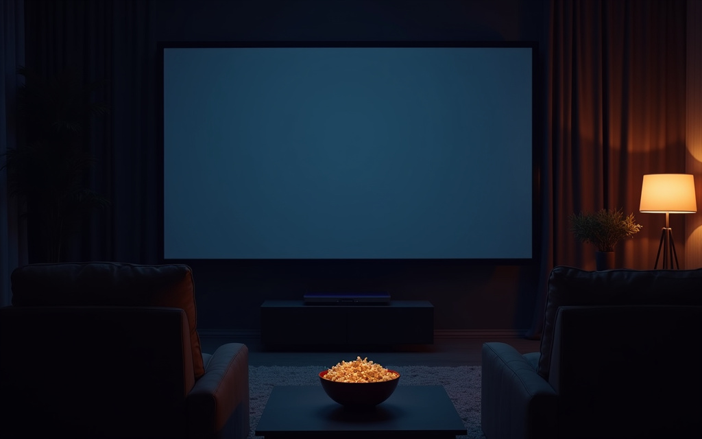 Sala de cine en casa con pantalla encendida, concepto de servidor de medios Jellyfin