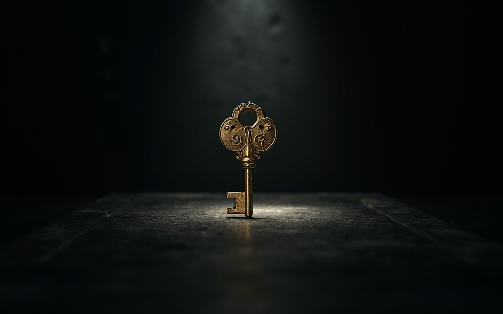 Llave dorada antigua sobre piedra oscura, concepto de seguridad con Vaultwarden