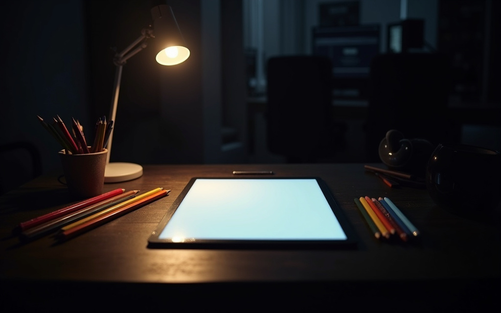 Escritorio de diseño oscuro con tableta gráfica y lápices de colores, concepto de diseño con Penpot