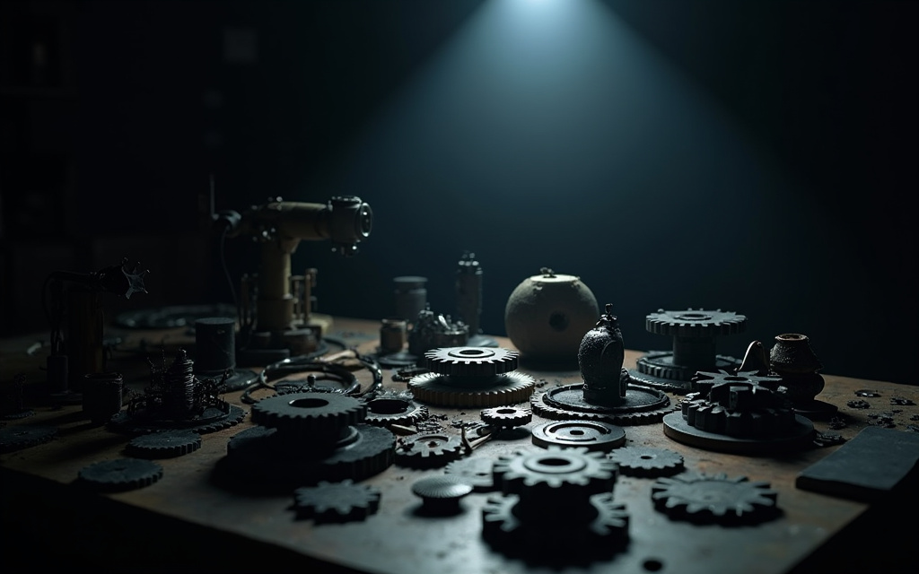 Engranajes y piezas de robot sobre mesa oscura, concepto de software libre desmontado