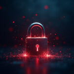 Candado desintegrándose en partículas rojas sobre fondo oscuro, concepto de ransomware