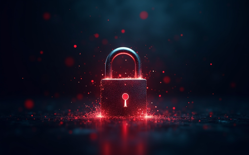 Candado desintegrándose en partículas rojas sobre fondo oscuro, concepto de ransomware