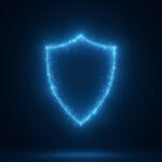 Escudo luminoso de partículas azules en fondo oscuro, concepto de test de ciberseguridad