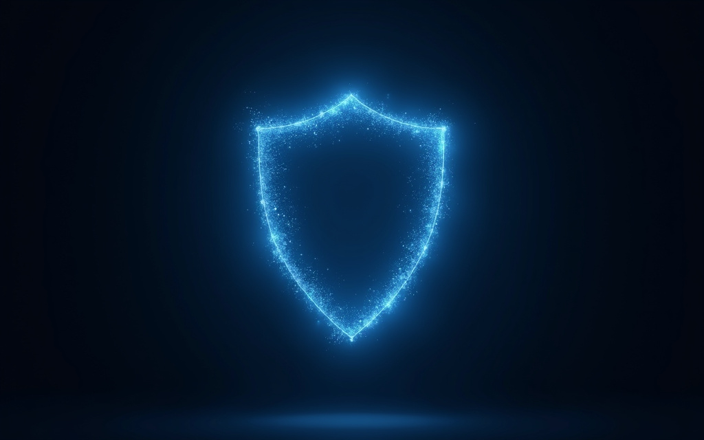 Escudo luminoso de partículas azules en fondo oscuro, concepto de test de ciberseguridad