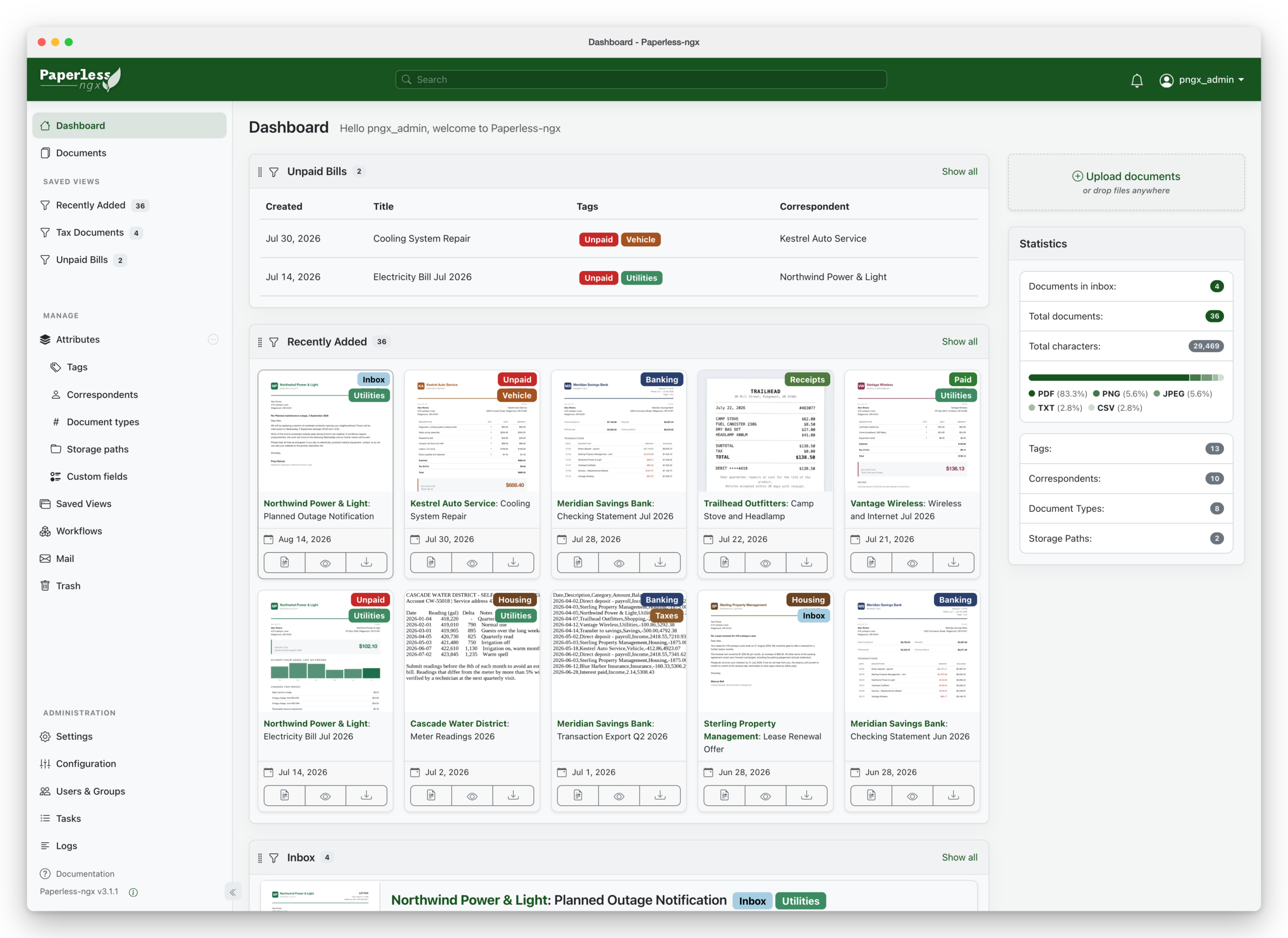 Pantalla del archivador digital Paperless-ngx, programa gratuito para escanear, ordenar y buscar facturas y documentos sin papel