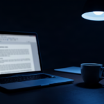 Fondo oscuro con un escritorio de oficina y un portátil con un documento: portada del artículo sobre OnlyOffice