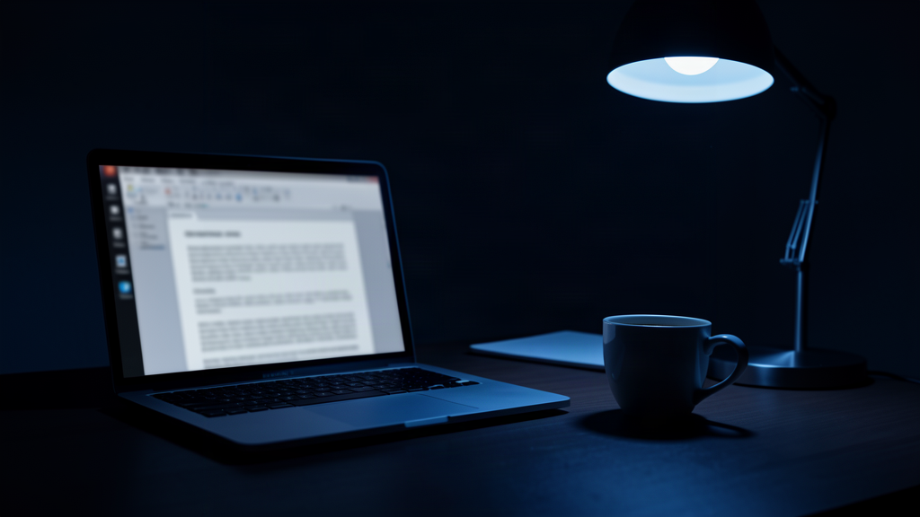 Fondo oscuro con un escritorio de oficina y un portátil con un documento: portada del artículo sobre OnlyOffice