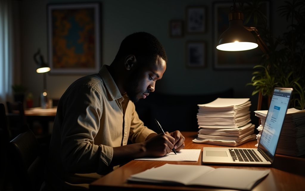 Hombre escribiendo encargos a mano junto a un portátil en un cibercafé nocturno, imagen conceptual sobre los ghostwriters de Kenia
