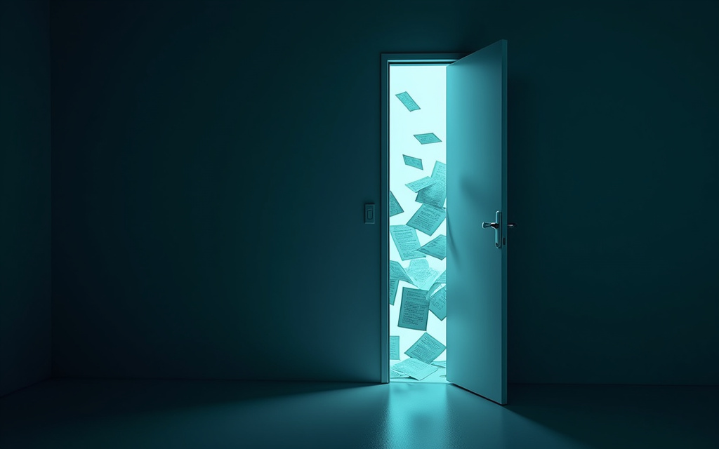 Puerta entreabierta de la que salen documentos: robo de datos sin hackeo