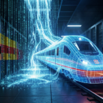 Imagen conceptual de un tren de alta velocidad holográfico atravesando un centro de datos con código binario, representando el ciberataque con inteligencia artificial a Renfe y Adif