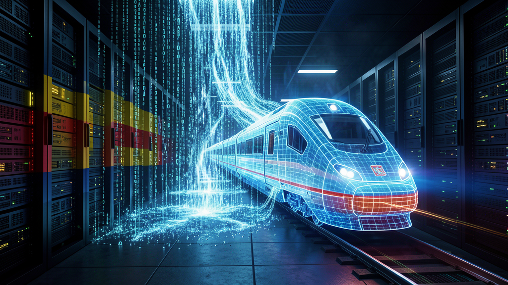 Imagen conceptual de un tren de alta velocidad holográfico atravesando un centro de datos con código binario, representando el ciberataque con inteligencia artificial a Renfe y Adif