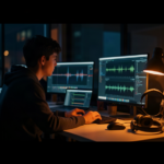 Joven ingeniero trabajando en estacion de edicion de audio con pantallas y auriculares, ambiente nocturno