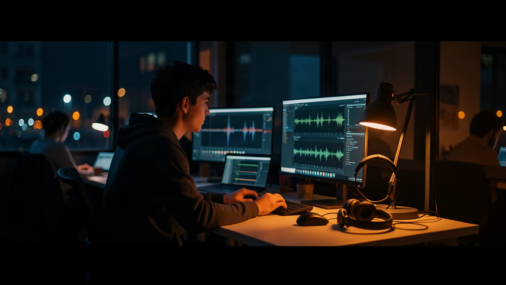 Joven ingeniero trabajando en estacion de edicion de audio con pantallas y auriculares, ambiente nocturno