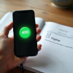 Un teléfono móvil mostrando el número 400 sobre un cuaderno con la palabra Digital, simbolizando el cambio de llamadas comerciales a procesos digitales
