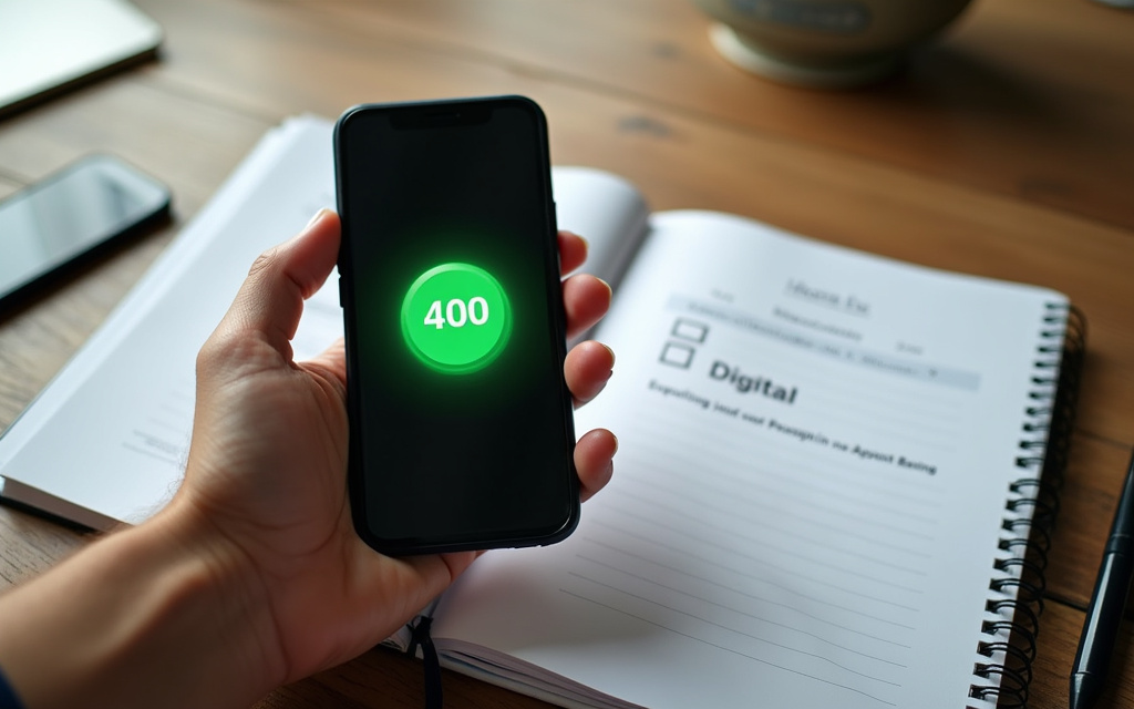 Un teléfono móvil mostrando el número 400 sobre un cuaderno con la palabra Digital, simbolizando el cambio de llamadas comerciales a procesos digitales