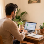 Autónomo en home office con ordenador portátil, representando la falta de tiempo para aprender IA