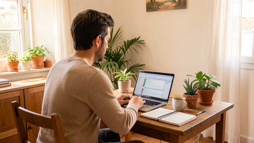 Autónomo en home office con ordenador portátil, representando la falta de tiempo para aprender IA